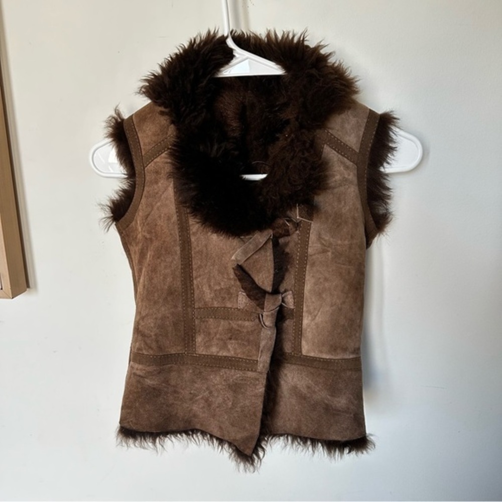 Vintage Kids Genuine Shearling Leather Vest Brown Tie Front Size 8–9